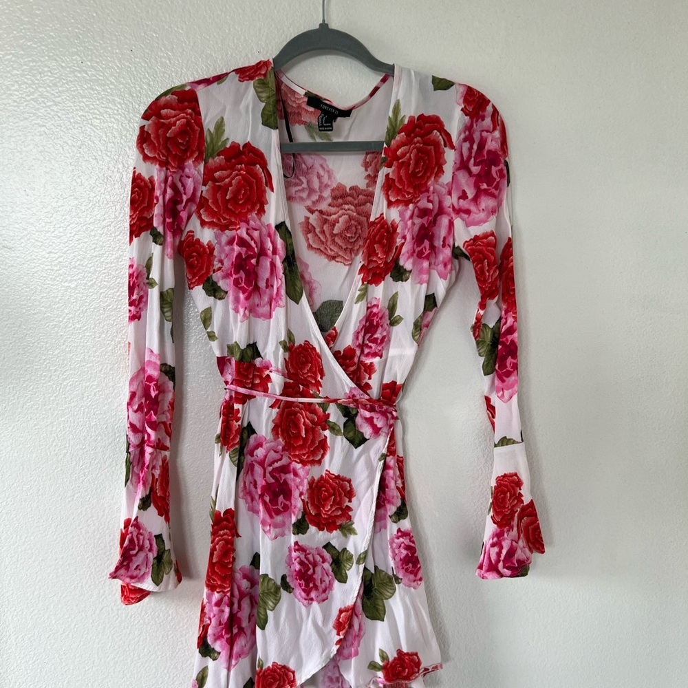 Floral Wrap Dress with Red and Pink Roses